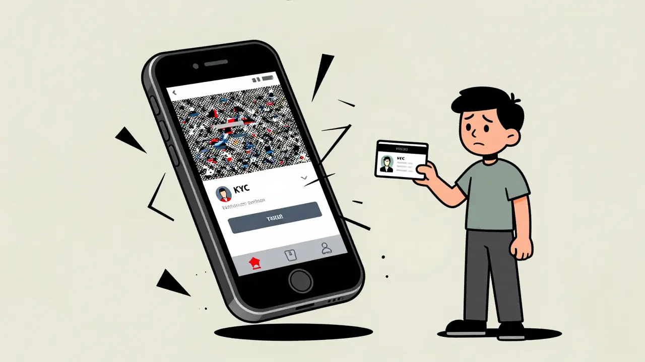 Glitchy mobile phone illustrating app crashes during identity verification process.