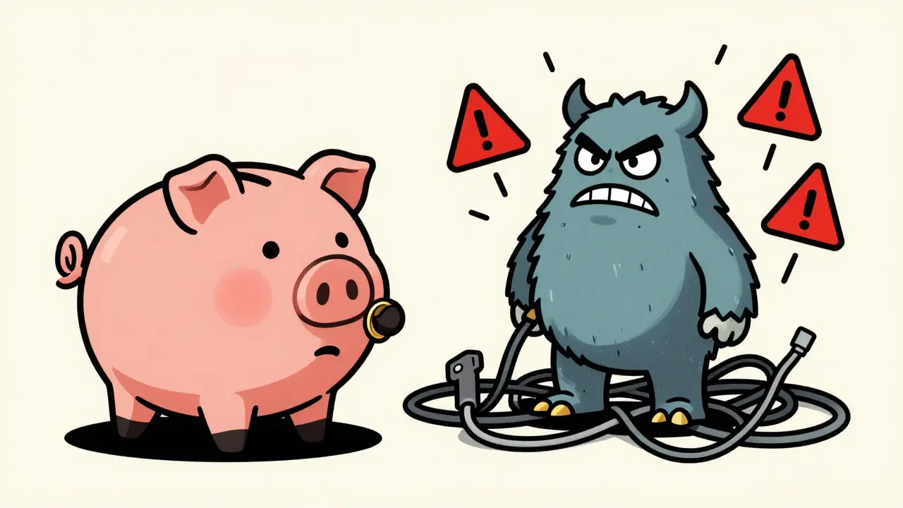 Happy piggy bank vs grumpy high fee monster