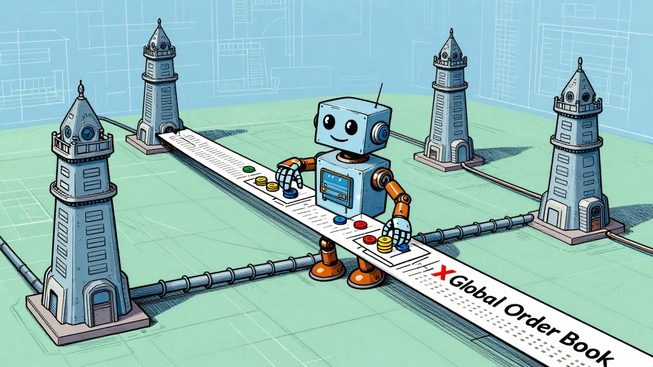 Illustration of a robot aggregating liquidity from multiple exchange towers