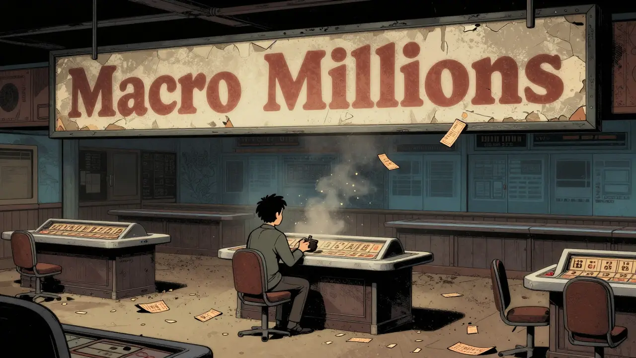 Illustration of abandoned Macro Millions casino in 2026