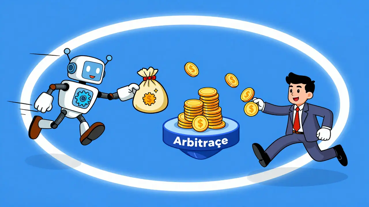 Illustration of flash loan arbitrage cycle with robot and trader