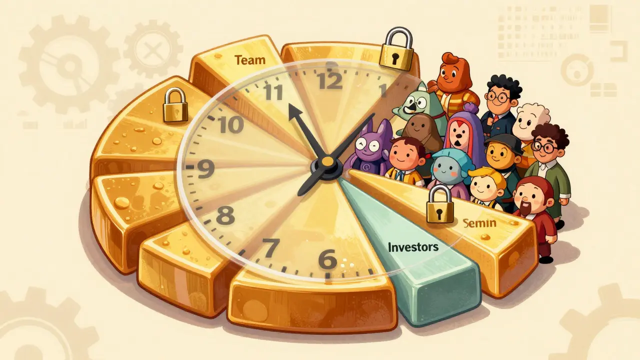 Illustration of locked and unlocked token slices with clocks showing vesting periods.