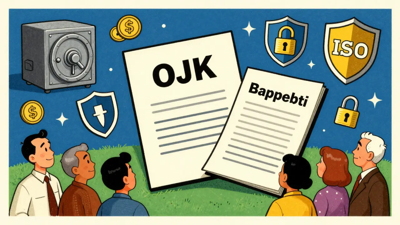 Illustration of OJK taking over crypto regulation with security shields and trusted users