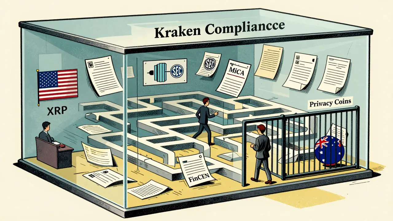 Illustration of regulatory maze blocking specific coins for US and Australian traders