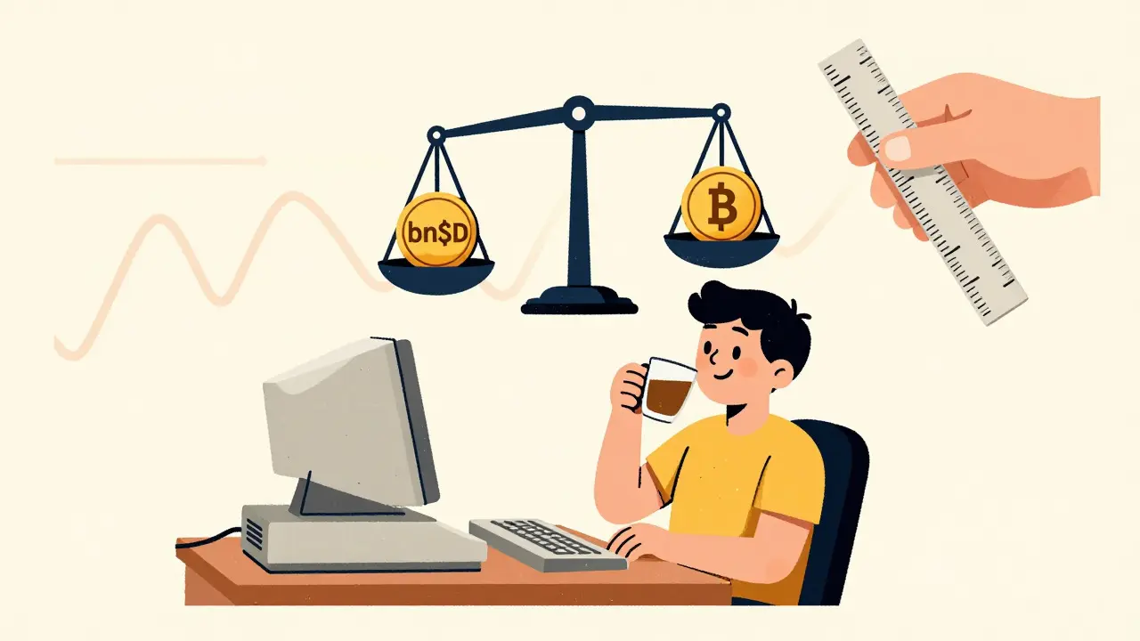 Mid-century style drawing showing stablecoin balance and market stability.