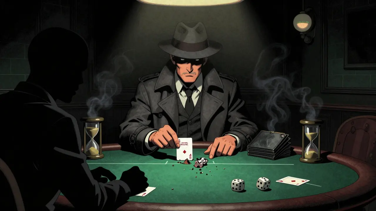Noir-style cartoon of an investor facing liquidity risks at a poker table