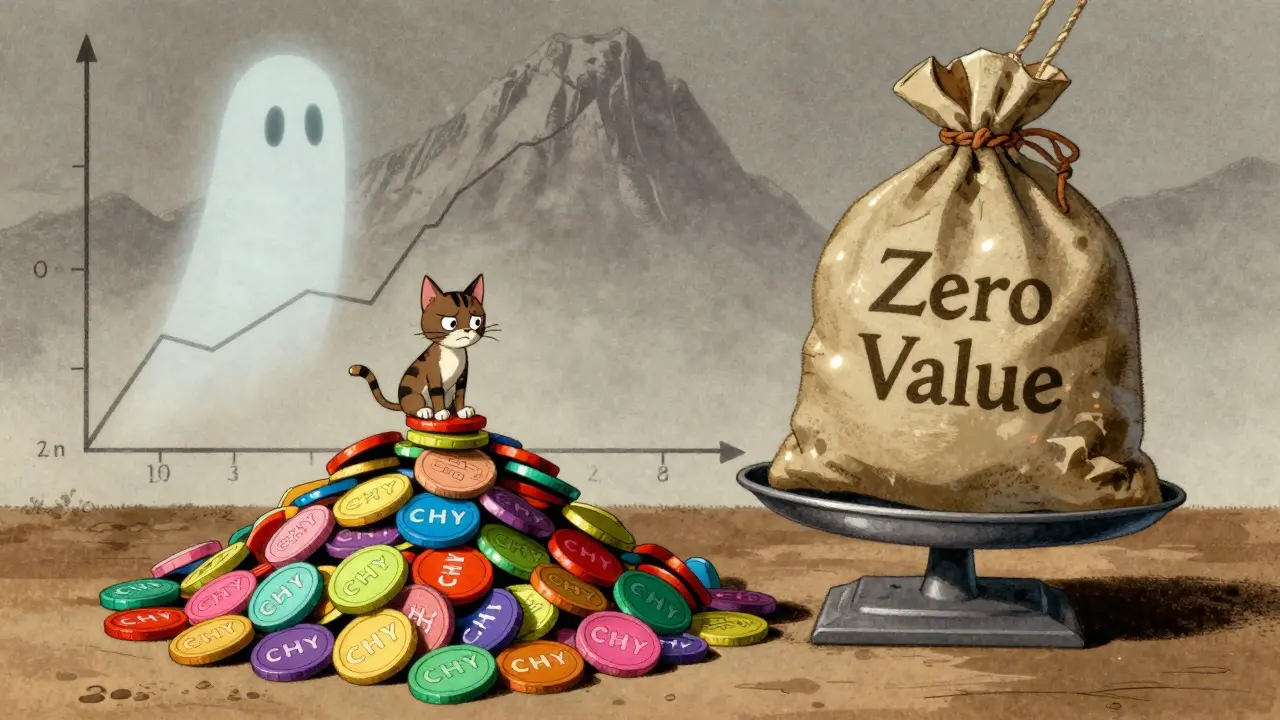 Pile of worthless tokens weighed against empty value bag