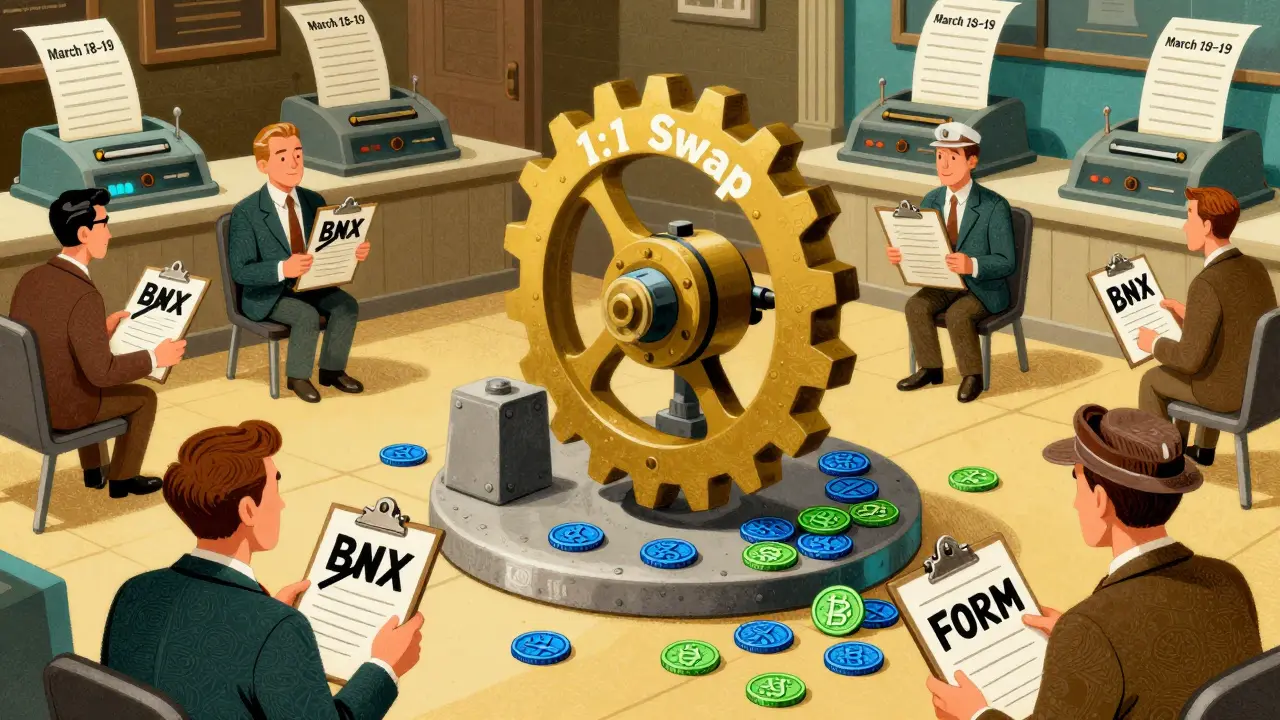 Retro exchange floor shows automatic 1-to-1 swap of BNX coins for FORM coins