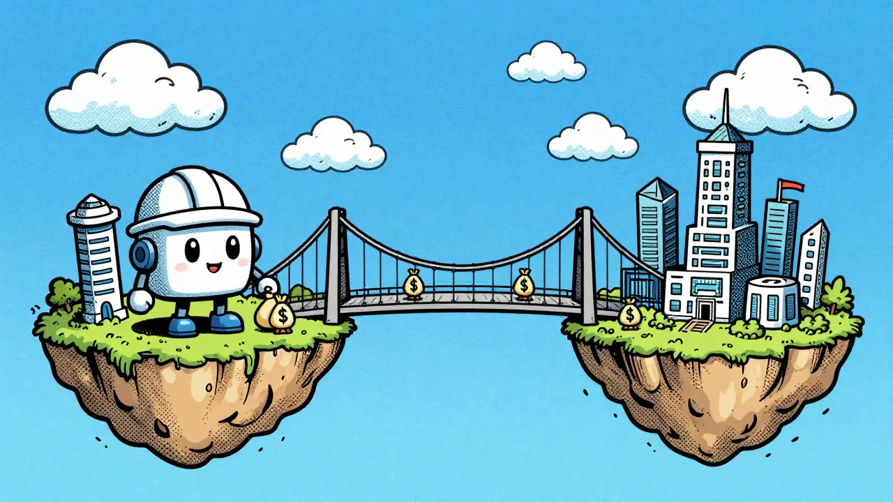 Retro illustration of a bridge connecting blockchains for cross-chain stablecoins.