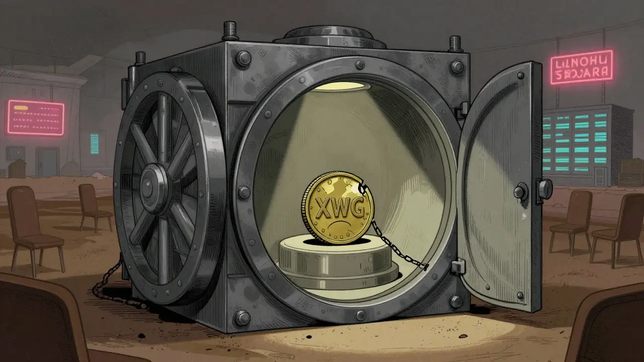 Retro illustration of a lonely XWG token in a dusty vault showing low liquidity.
