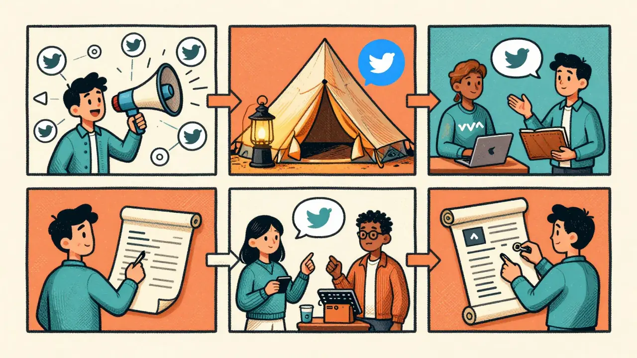 Retro illustration of three steps: social sharing, joining chat, and submitting form