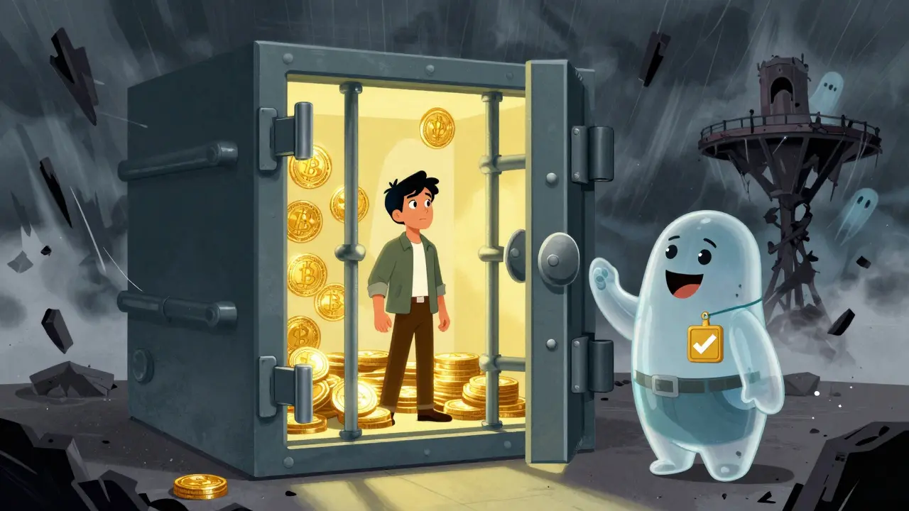 Safe vault protecting crypto assets from a stormy, crumbling scam platform