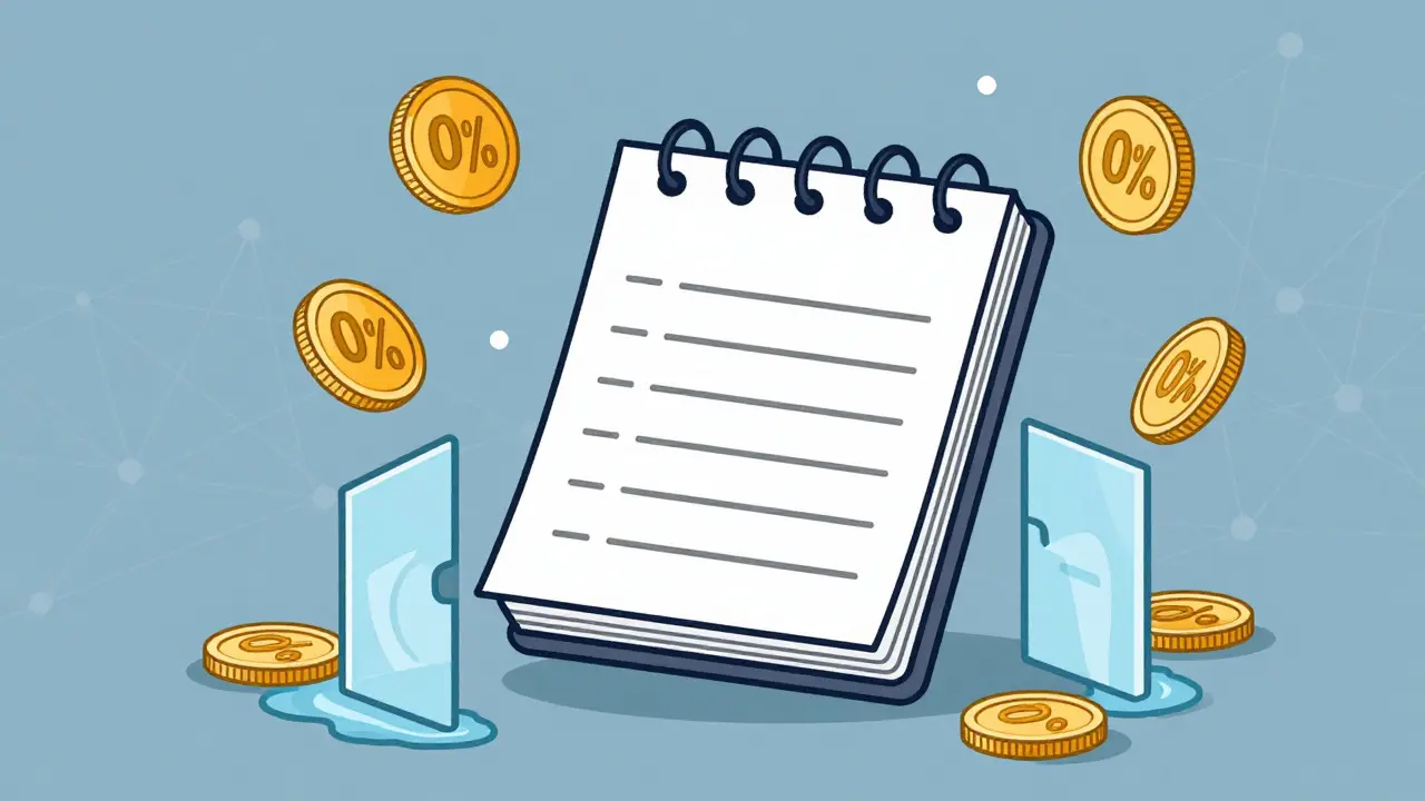Simple blockchain ledger with zero-tax symbols illustrated