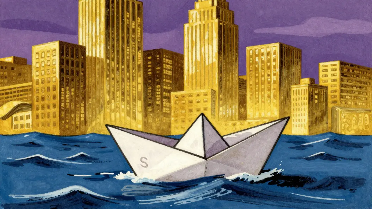 Small boat navigating risky crypto market waves near gold towers
