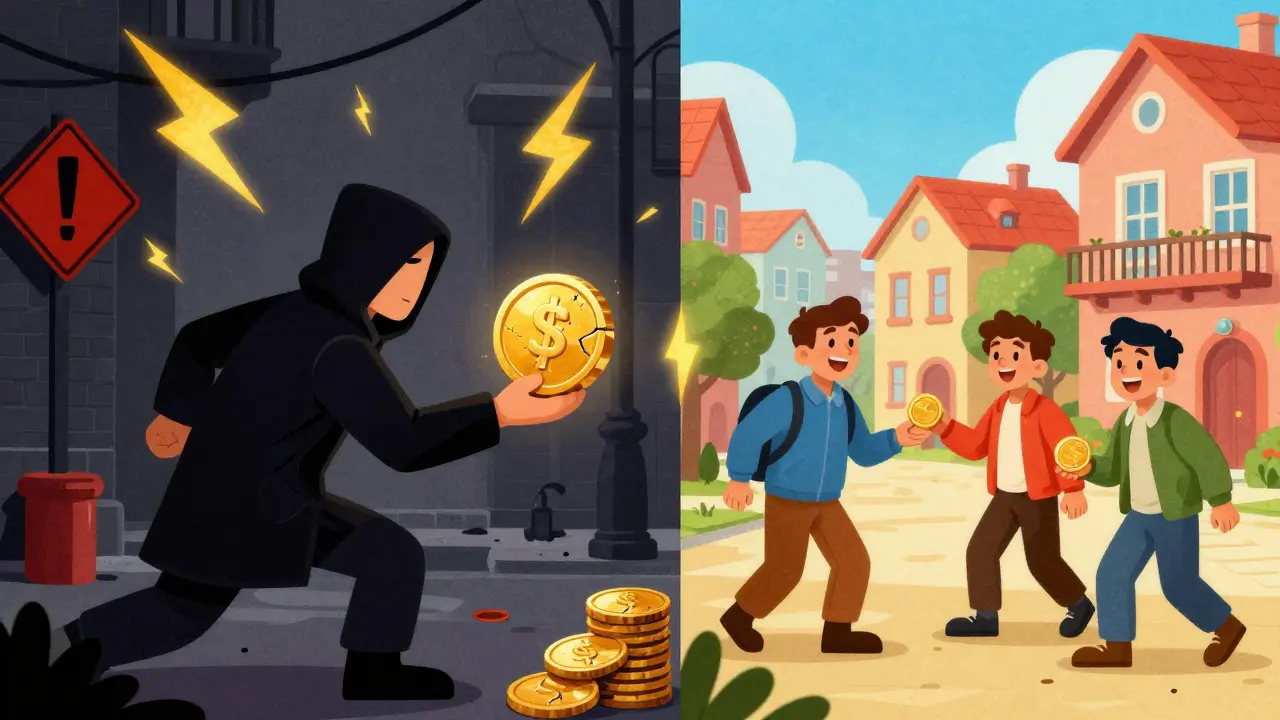 Split illustration contrasting scammy dark alleys with safe, bright crypto exchanges.