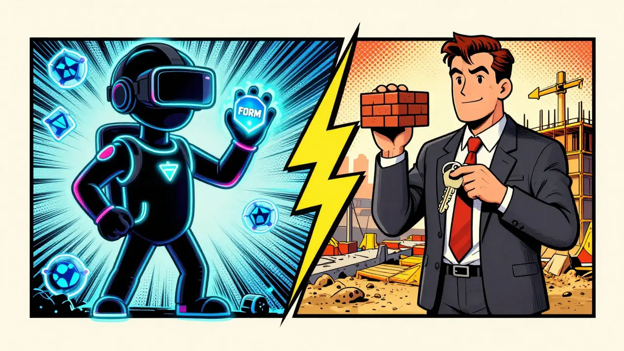 Split image contrasts Web3 gaming token holder with real estate investor