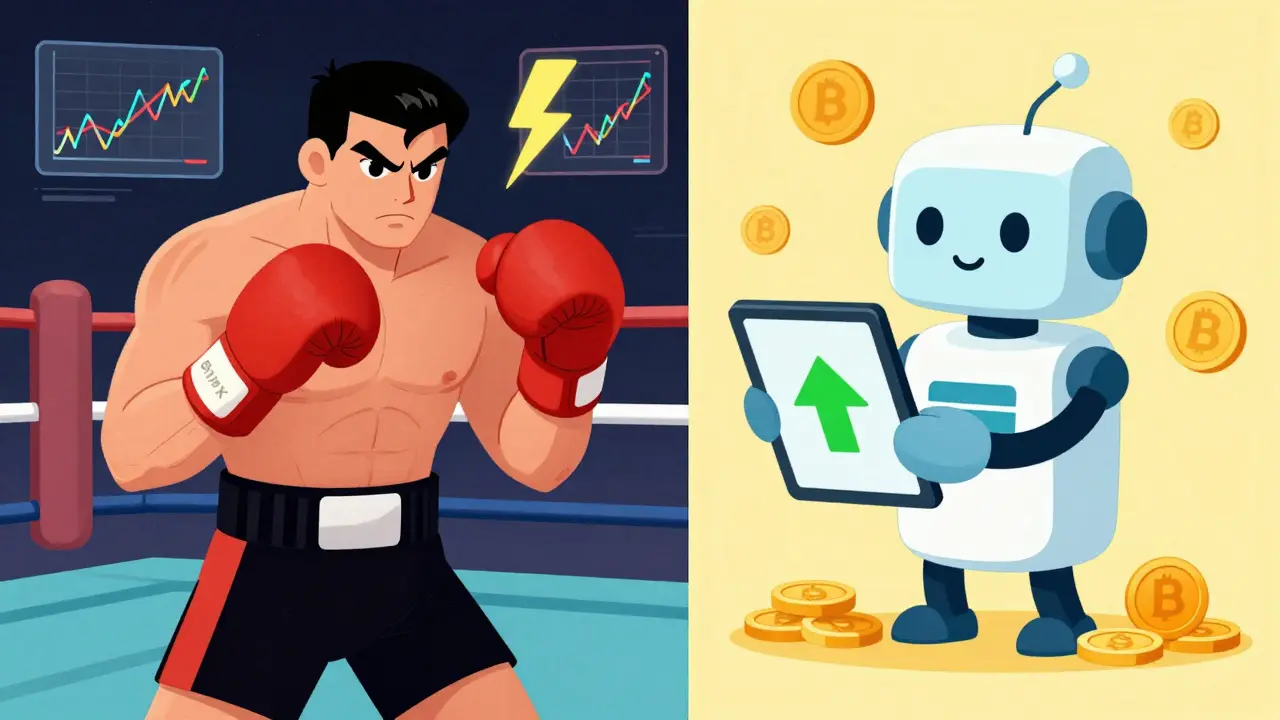 Split screen cartoon: Boxer for BitMEX derivatives vs Robot for Bibox spot trading