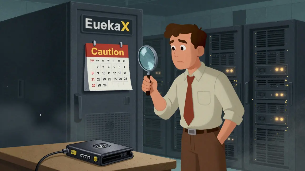 Trader inspecting a dusty EurekaX server room with caution signs