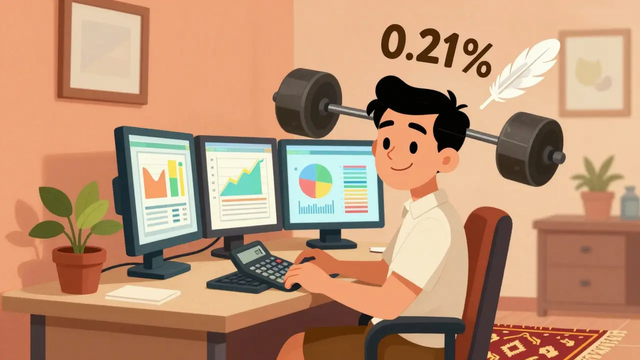 Trader relieved by lower crypto taxes depicted in a warm, vintage cartoon office scene