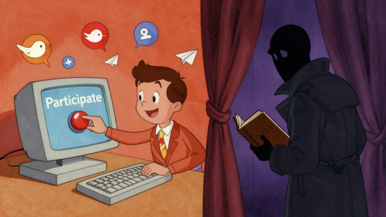 User clicks participate button while shadow figure watches