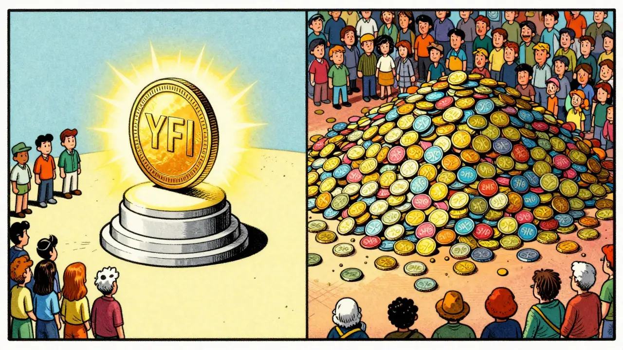 Vintage cartoon comparing scarce gold coin vs massive pile of colorful coins.