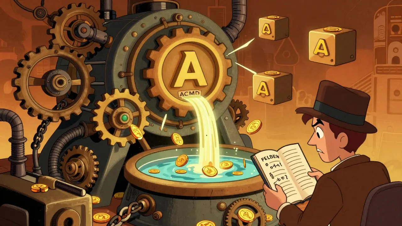 Vintage cartoon of a complex DeFi machine processing crypto across chains