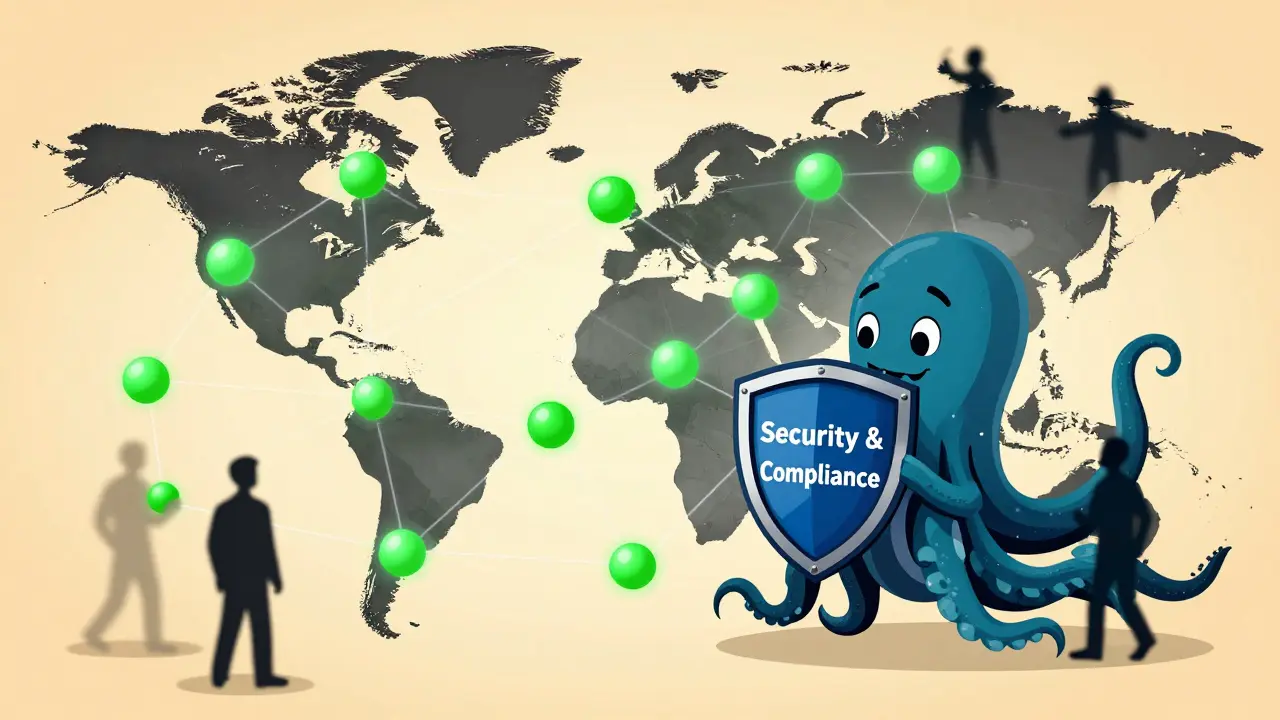 Vintage cartoon of Kraken mascot shielding compliant traders from global restrictions