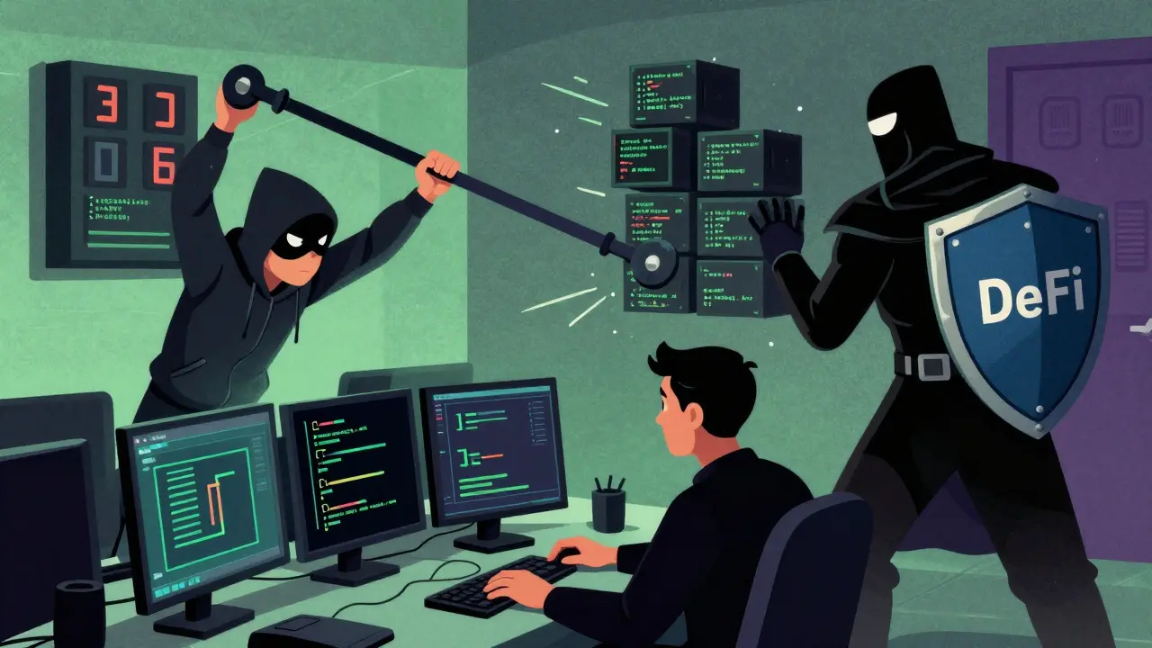 Vintage cartoon showing hacker vs security shield in DeFi