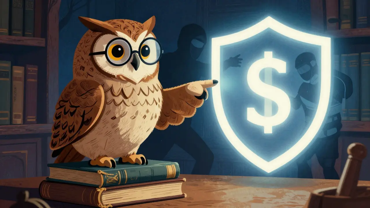 Wise cartoon owl pointing to a security shield protecting crypto assets