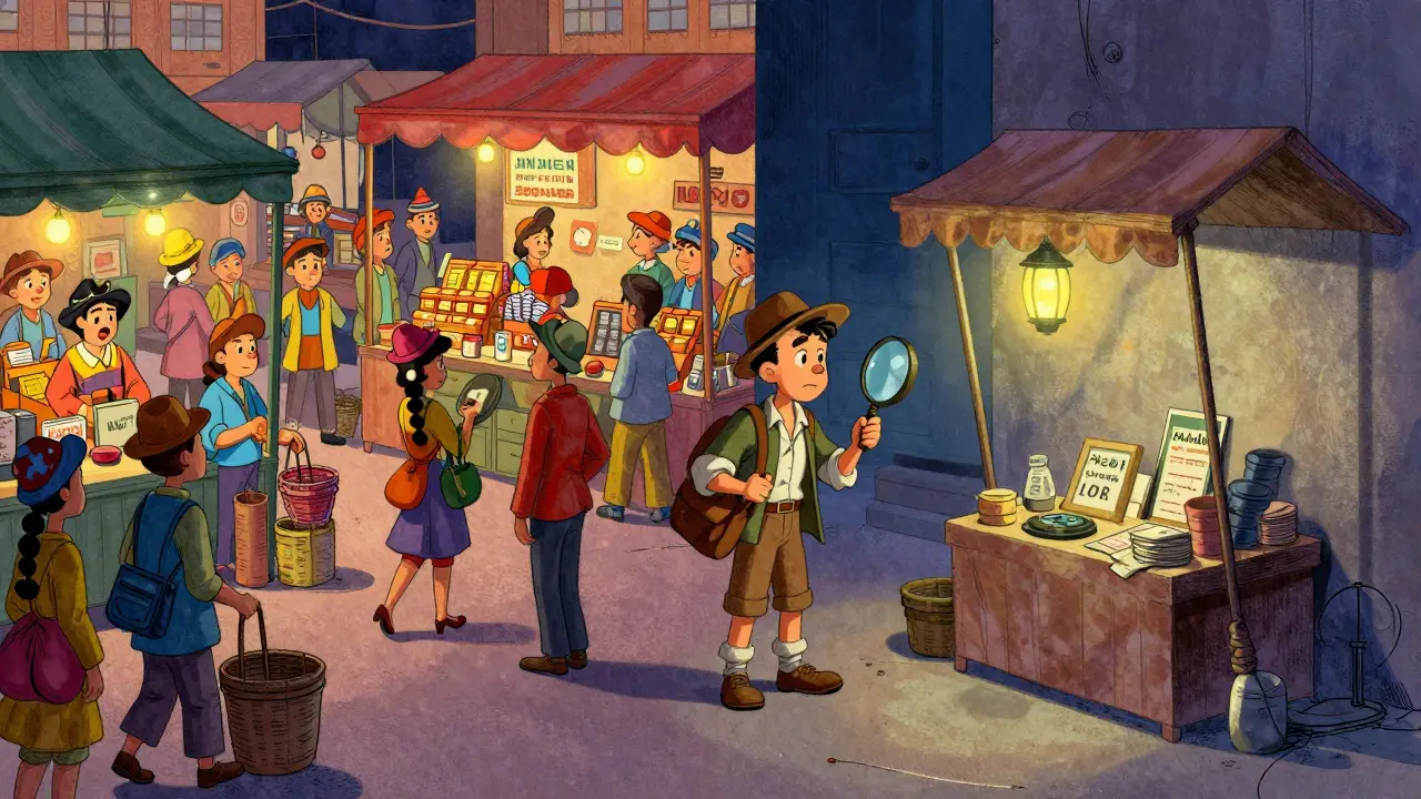 A busy marketplace contrasted with a quiet, isolated trading stall