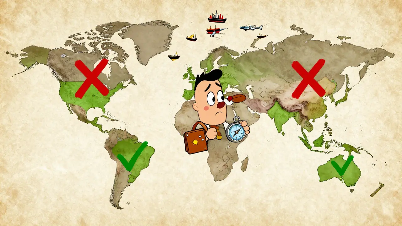 Antique-style map showing restricted and accessible regions for crypto trading with symbolic markers