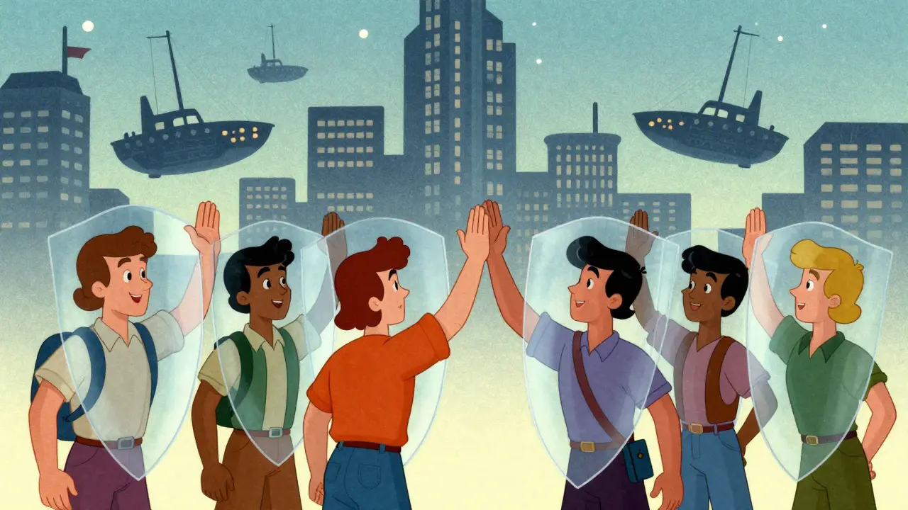Artists protected by digital shields against pirates in retro cartoon
