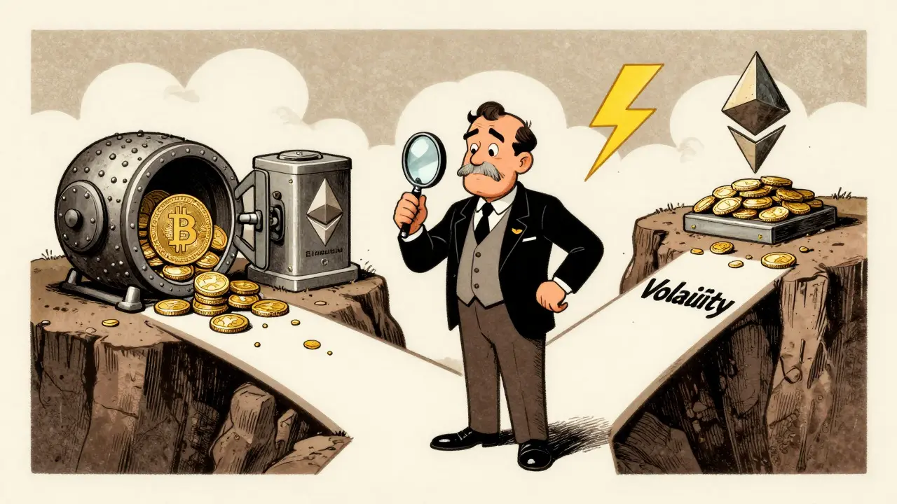Cartoon broker choosing paths among crypto risks and rewards