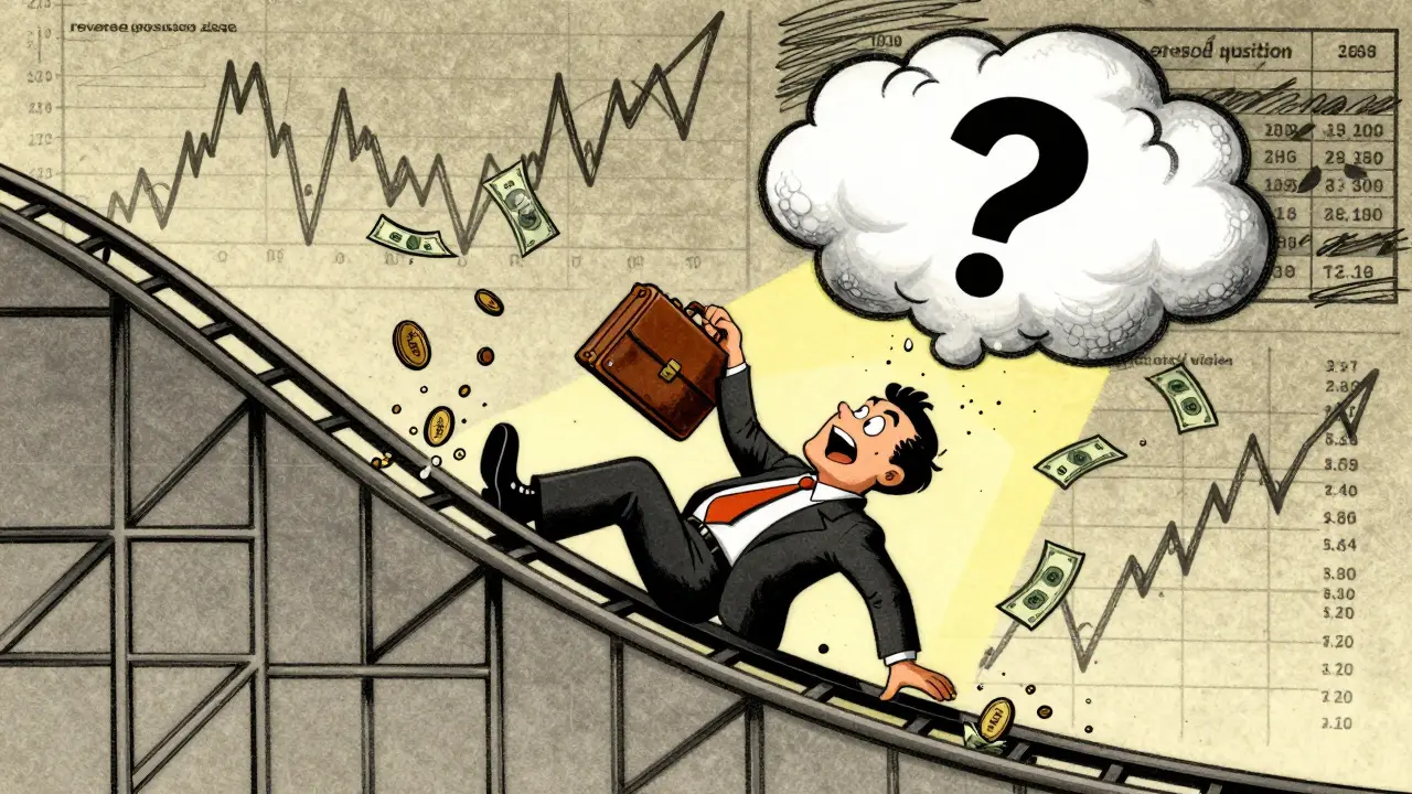 Cartoon character falling down a jagged financial chart while losing money