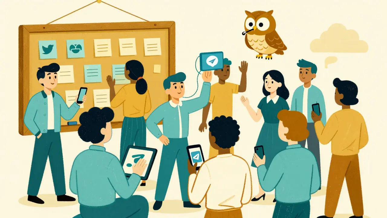Cartoon characters engaging with social media platforms under the guidance of an owl mascot.