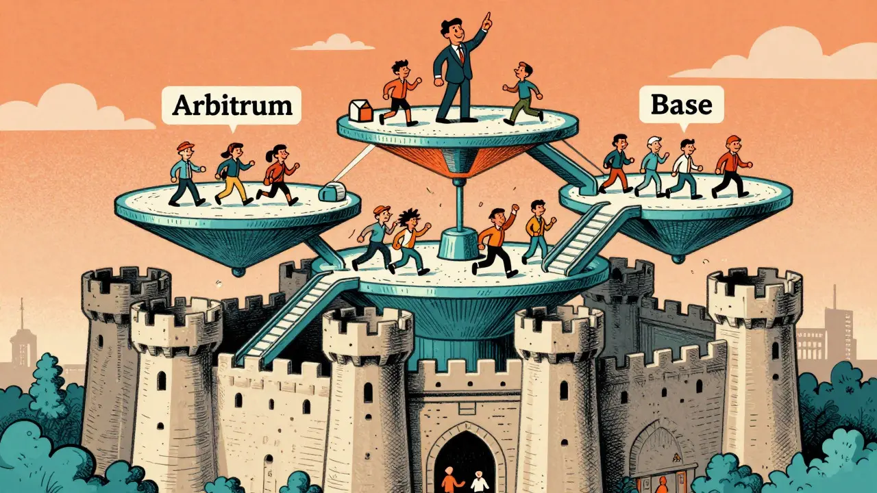 Cartoon cityscape showing users moving to cheaper Layer 2 networks