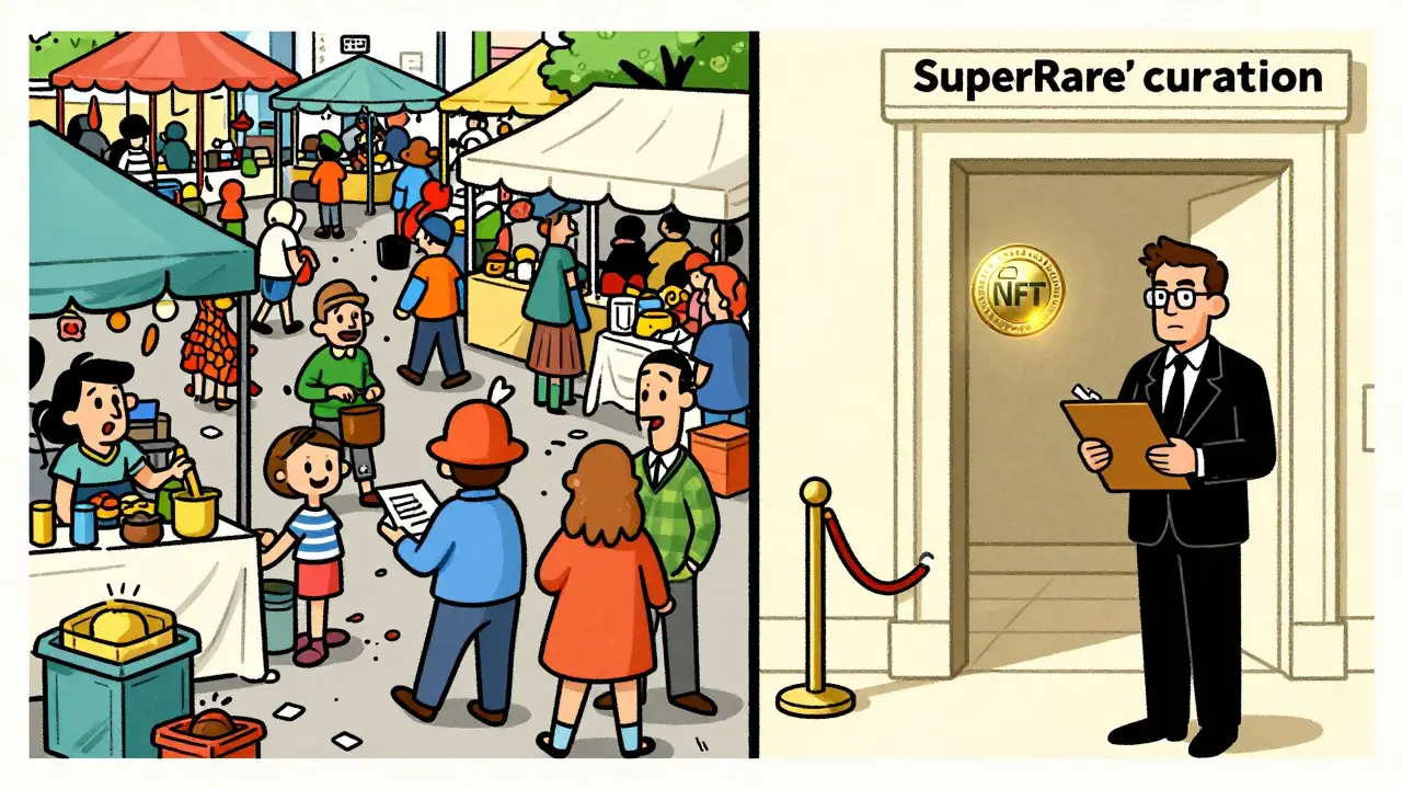 Cartoon comparison of chaotic market vs exclusive curated museum