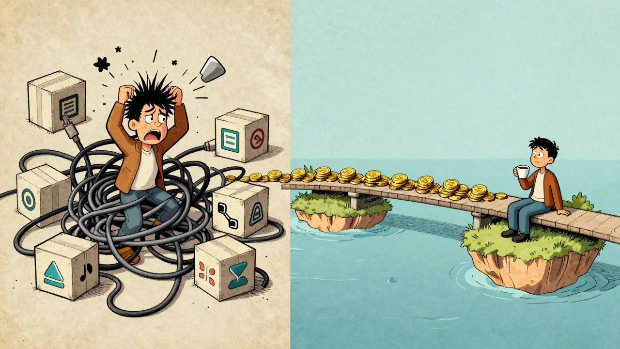 Cartoon comparison of chaotic tangled cables versus a calm, organized digital bridge
