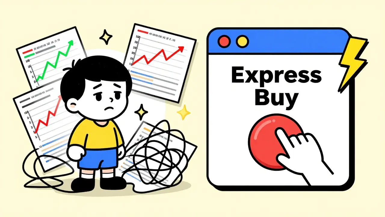 Cartoon comparison of complex charts vs easy express buy button.