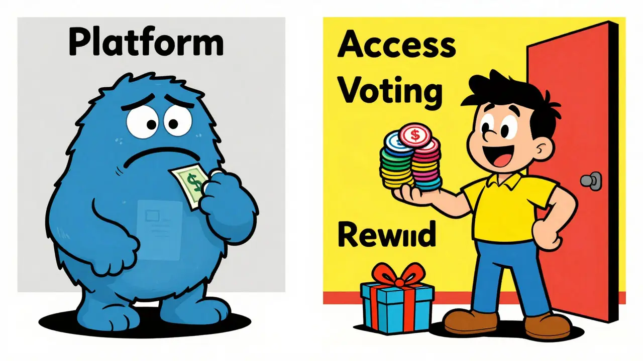 Cartoon comparison of sad subscriber vs happy token owner unlocking perks