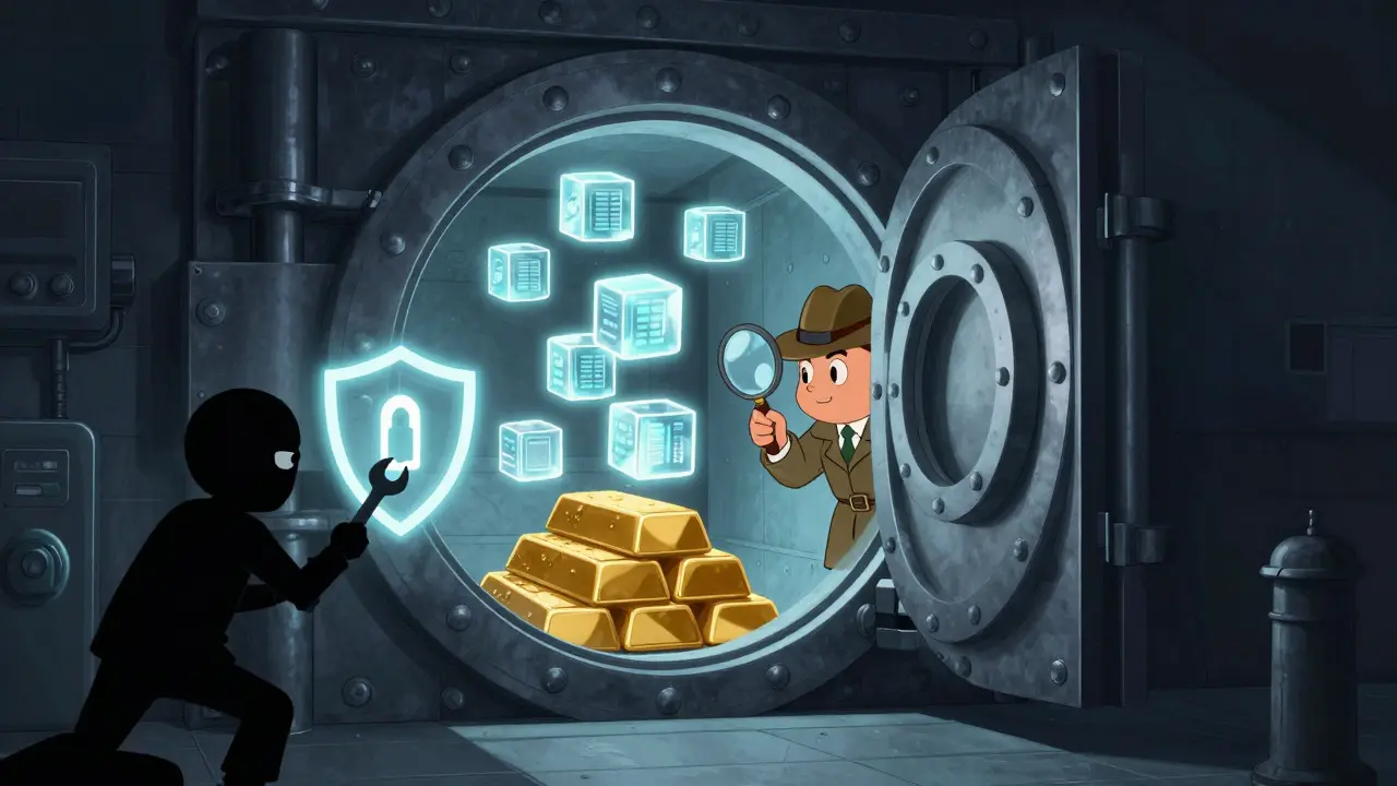 Cartoon detective inspecting a secure vault containing glowing digital assets while a thief is blocked