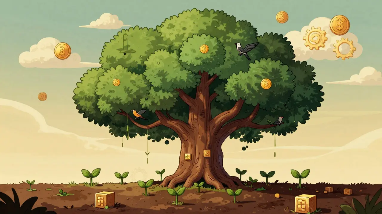Cartoon of a large tree symbolizing market consolidation among top DePIN projects