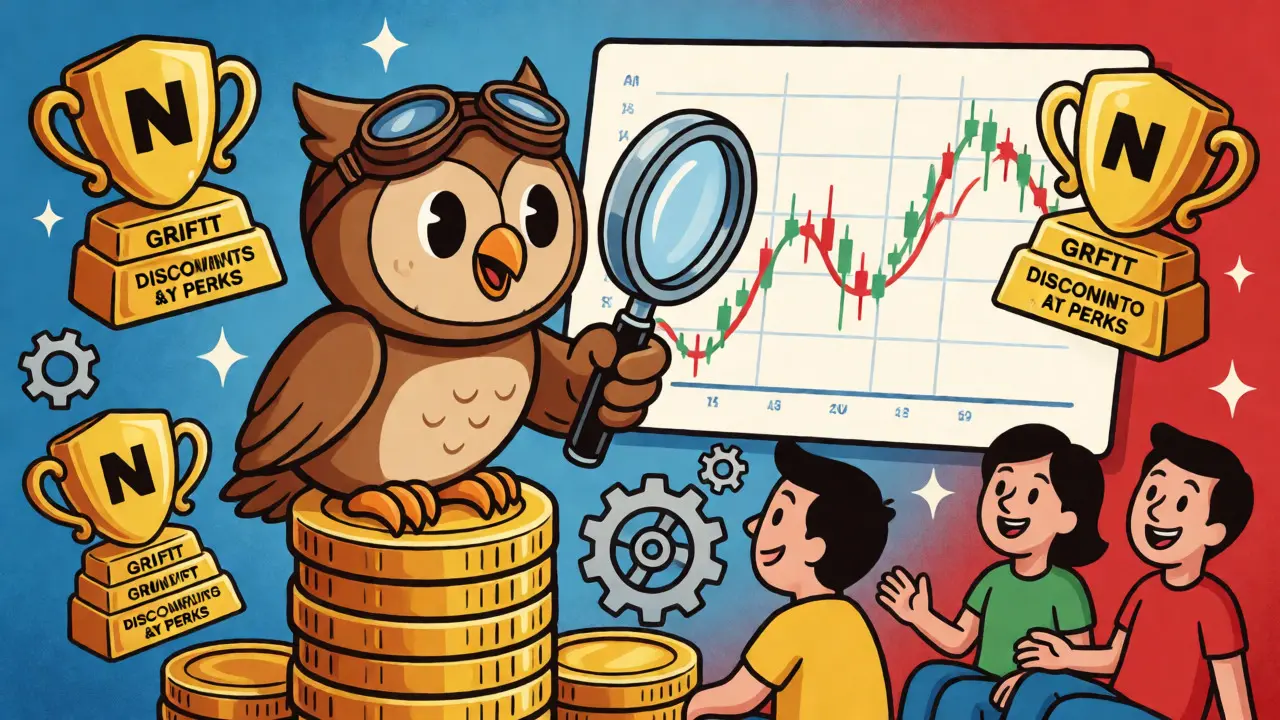 Cartoon owl managing charts while people collect NFT rewards for easy yields.