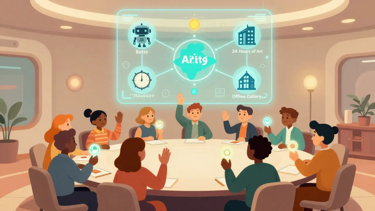 Community members voting in a DAO meeting with holographic aids