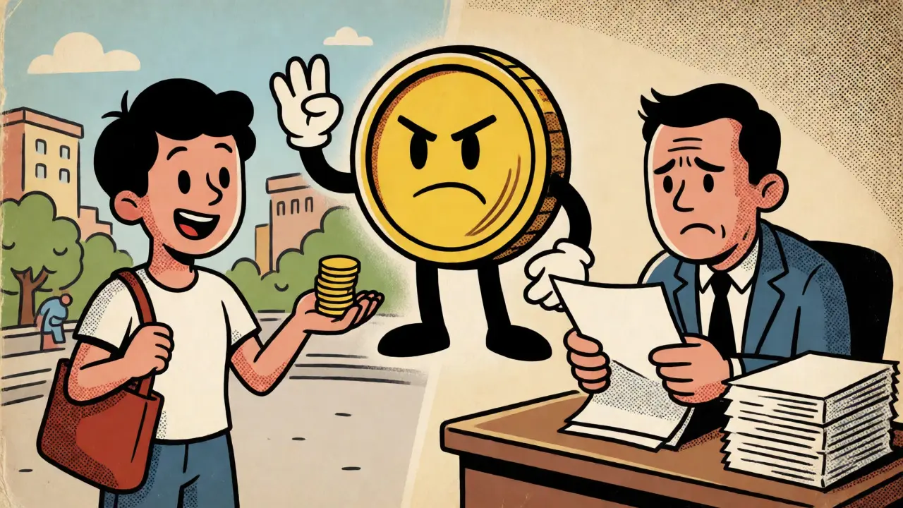 Contrast between casual crypto trader and stressed corporate manager in retro illustration