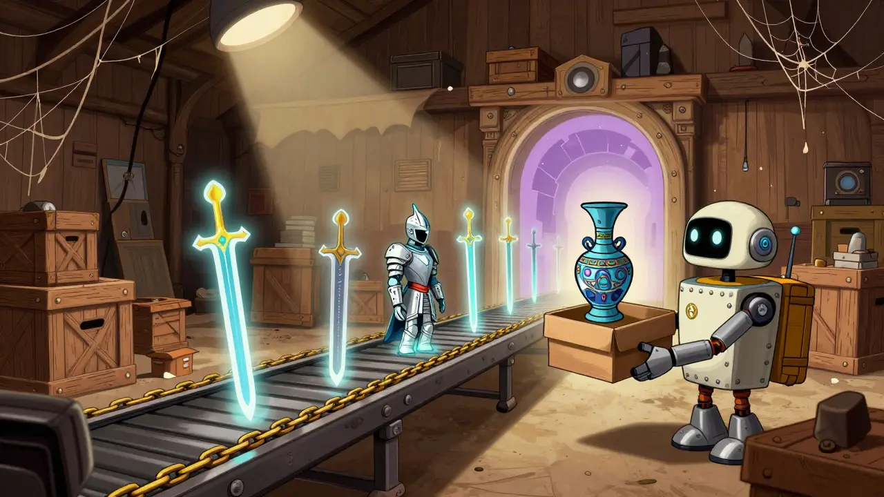 Conveyor belt turning holographic weapons into physical replicas in a vintage warehouse