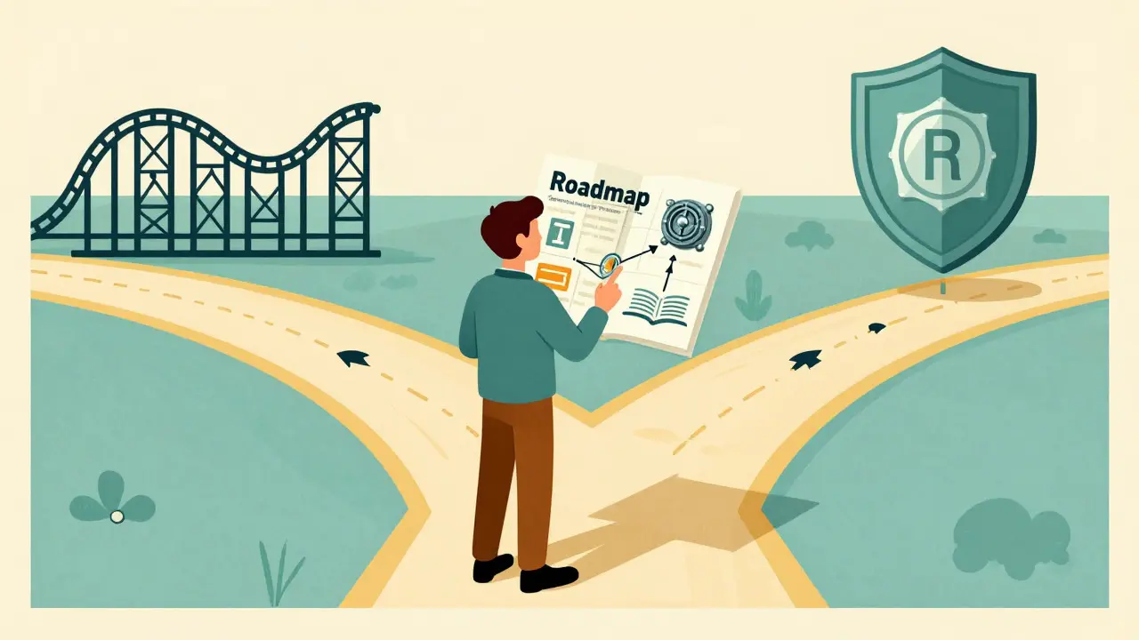 Creator navigating roadmap with risk and reward icons in retro illustration
