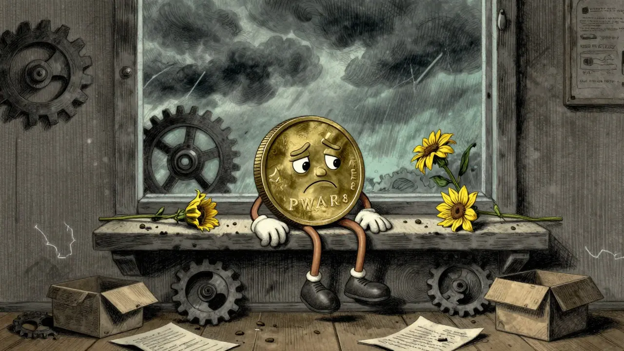 Deflated coin character sitting on a dusty shelf under a stormy sky