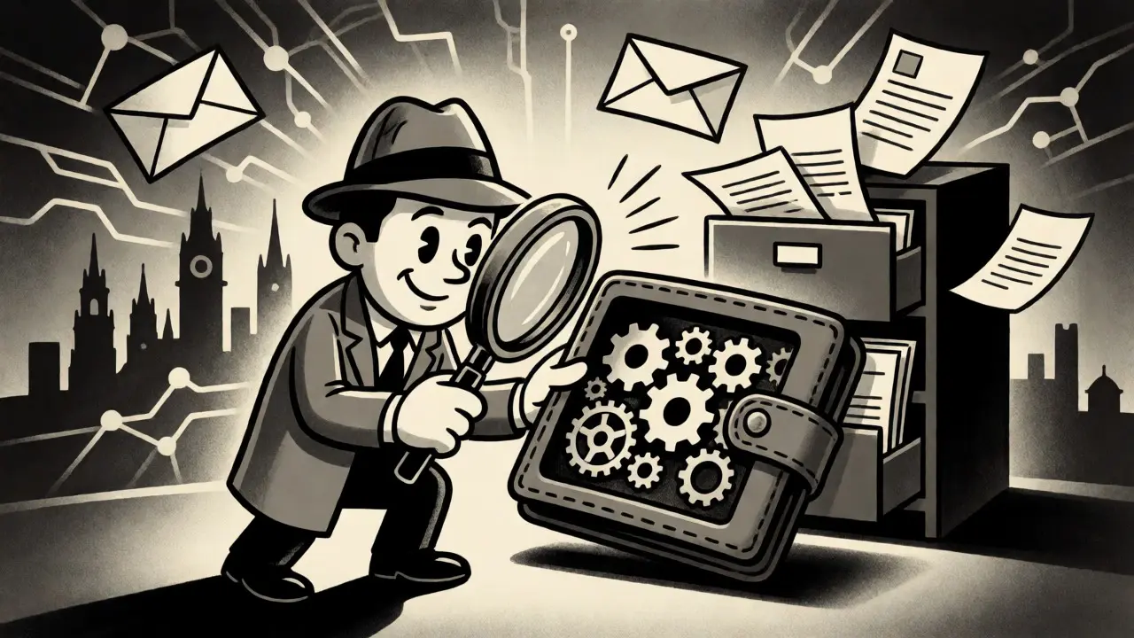 Detective inspecting digital wallet with flying documents in vintage noir cartoon style
