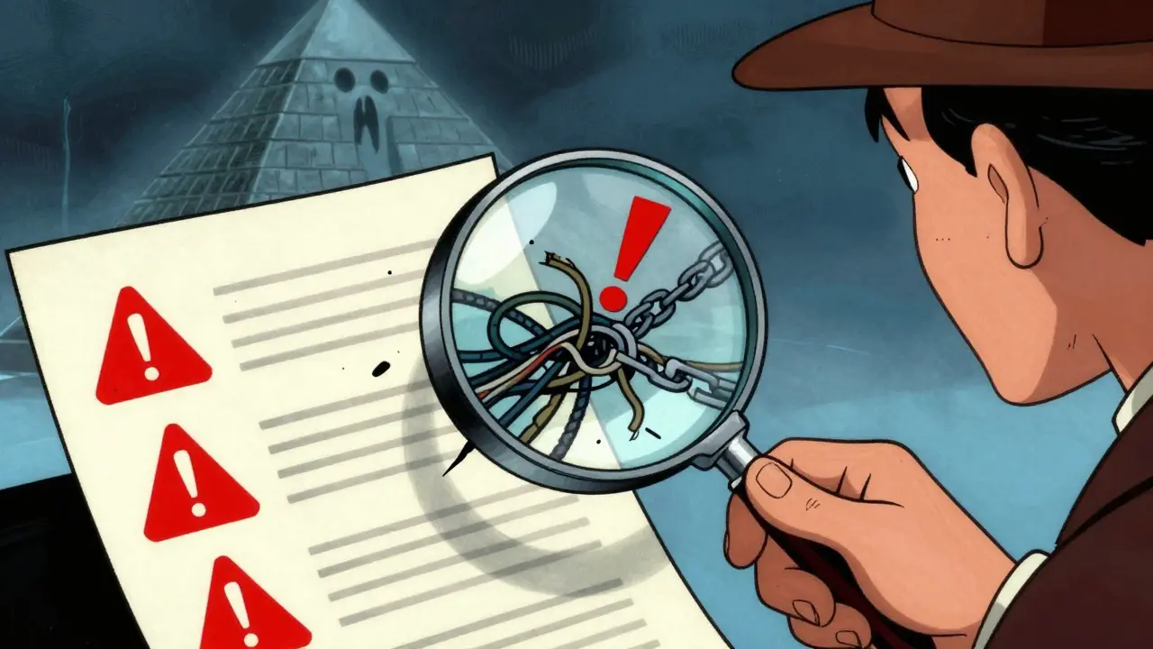 Detective magnifying glass revealing hidden risks and broken chains